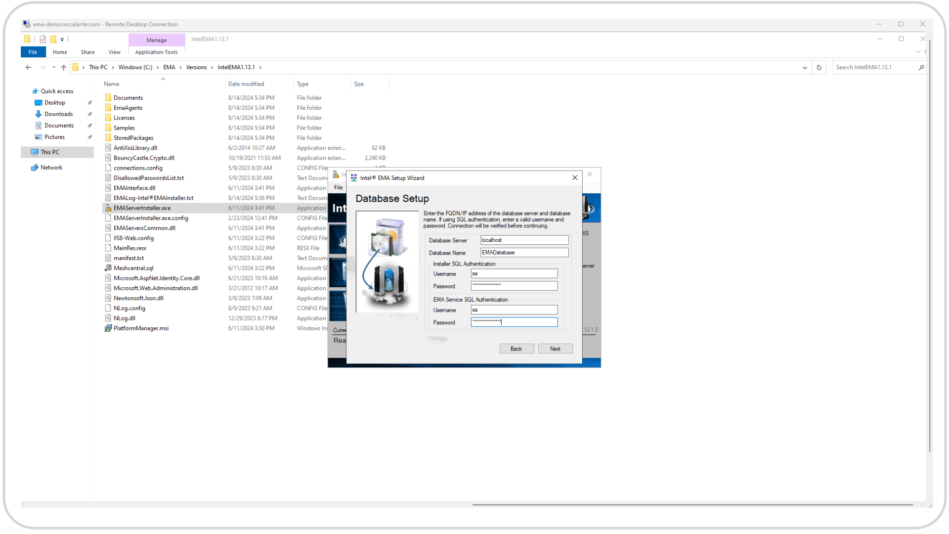 EMA Installer Database Setup User
