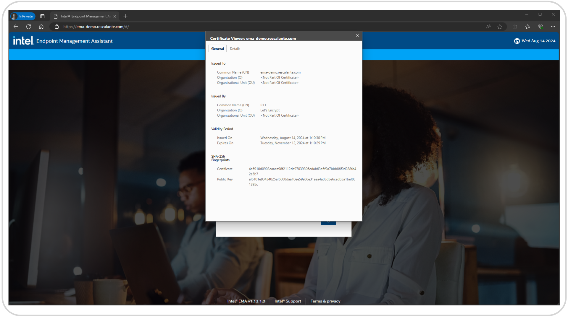 Intel EMA Web Browser Window Valid Lets Encrypt Certificate