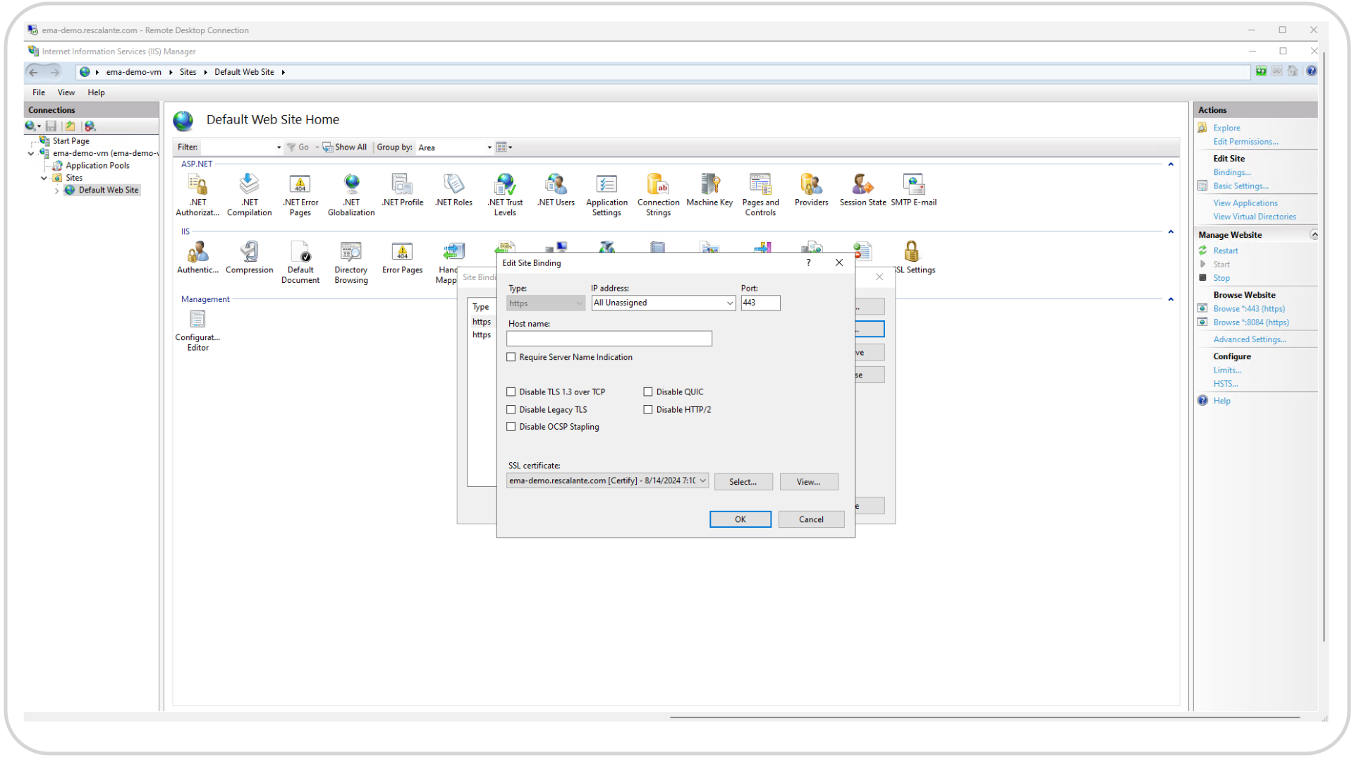 Microsoft IIS Default Website Select Lets Encrypt Certificate