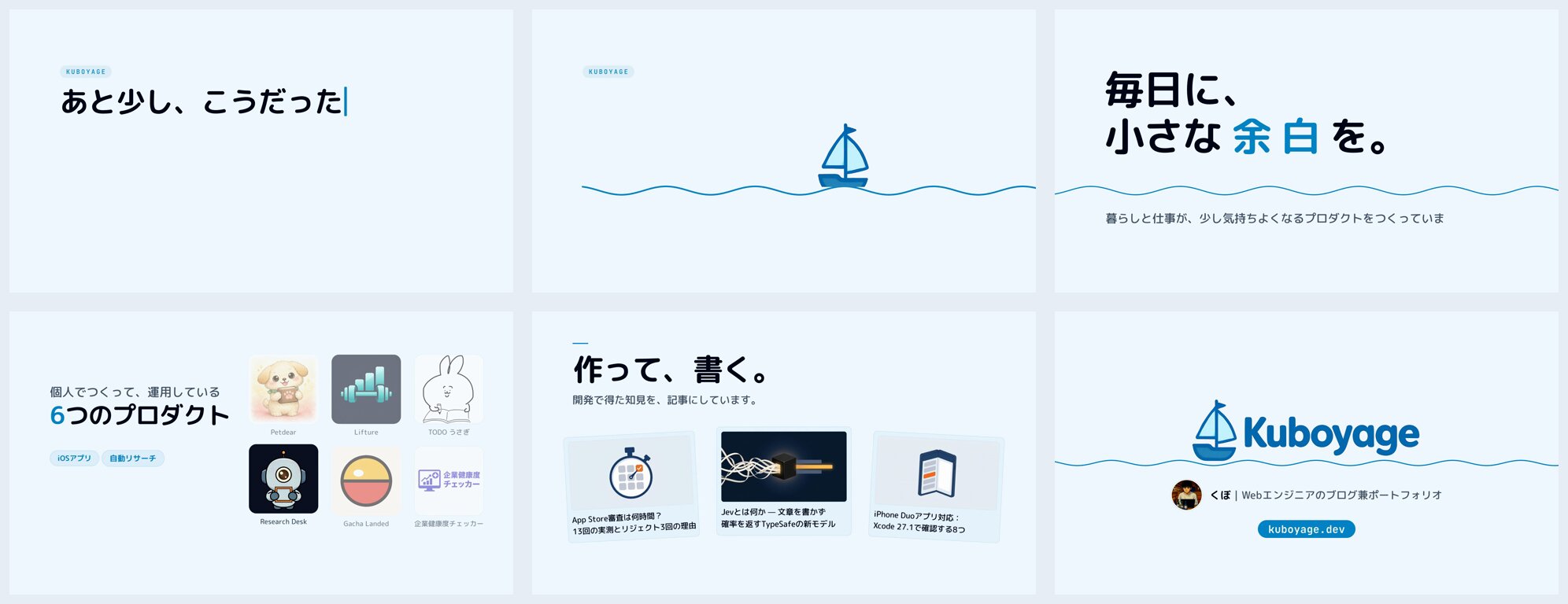 20秒の紹介動画から6コマを抜き出したもの。あと少し、こうだったら。と入力される場面、波に浮かぶ船、毎日に、小さな余白を。の見出し、6つのプロダクトのアイコン、作って、書く。とブログ記事3枚、Kuboyageのロゴ