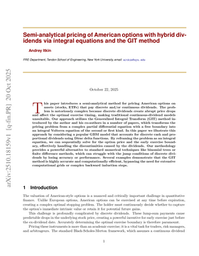 Cover art for Semi-analytical pricing of American options with hybrid dividends via integral equations and the GIT method