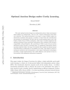 Cover art for Optimal Auction Design under Costly Learning