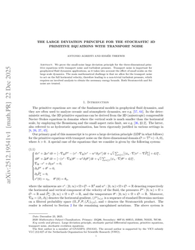 Podcast cover for "The large deviation principle for the stochastic 3D primitive equations with transport noise" by Antonio Agresti & Esmée Theewis