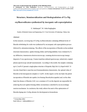Structure, biomineralization and biodegradation of Ca-Mg oxyfluorosilicates synthesized by inorganic salt coprecipitation