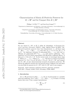 Podcast cover for "Characterization of Matrix $K$-Positivity Preserver for $K=\mathbb{R}^n$ and for Compact Sets $K\subseteq\mathbb{R}^n$" by Philipp J. di Dio & Lars-Luca Langer
