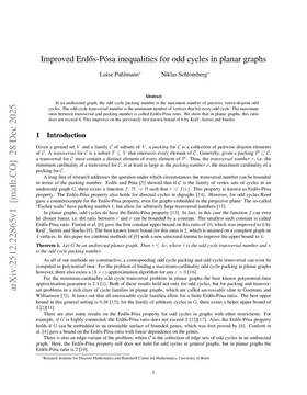 Podcast cover for "Improved Erdős-Pósa inequalities for odd cycles in planar graphs" by Luise Puhlmann & Niklas Schlomberg