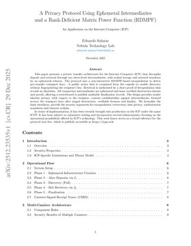 Cover art for A Privacy Protocol Using Ephemeral Intermediaries and a Rank-Deficient Matrix Power Function (RDMPF)