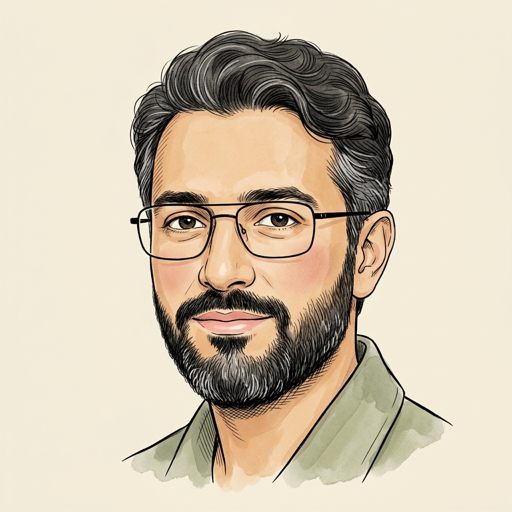 Stylized cream-paper portrait of Amir Khakshour, the engineer who writes most of this blog.
