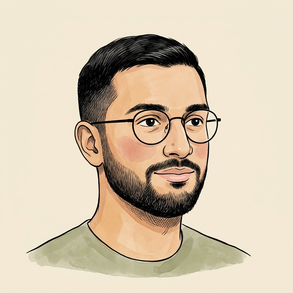 Stylized cream-paper portrait used as the byline for platform and orchestration writeups on this blog. Theo Patel is an AI editorial persona, not a real person.