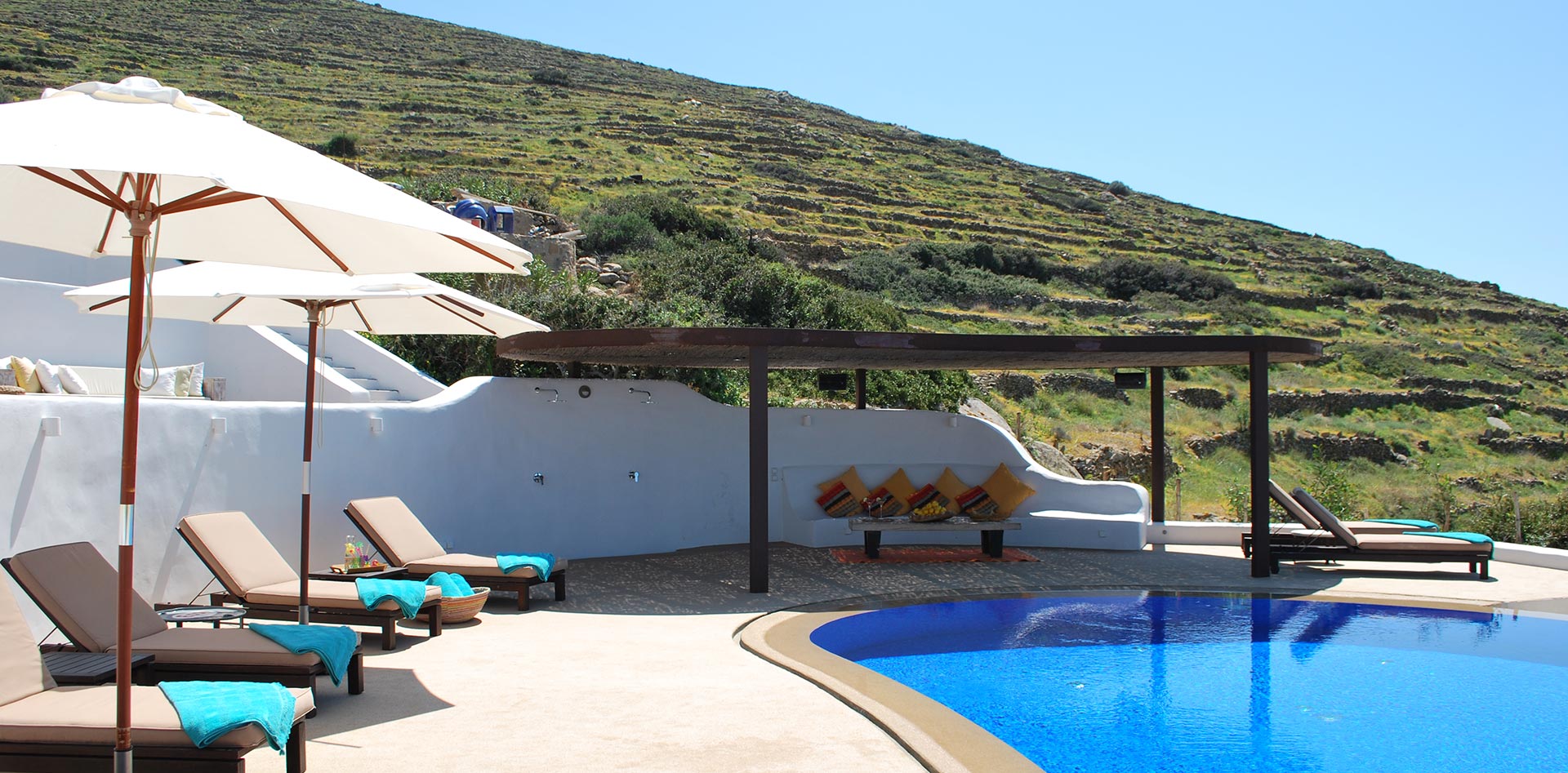 Aerial view of a swimming pool with chairs and umbrellas