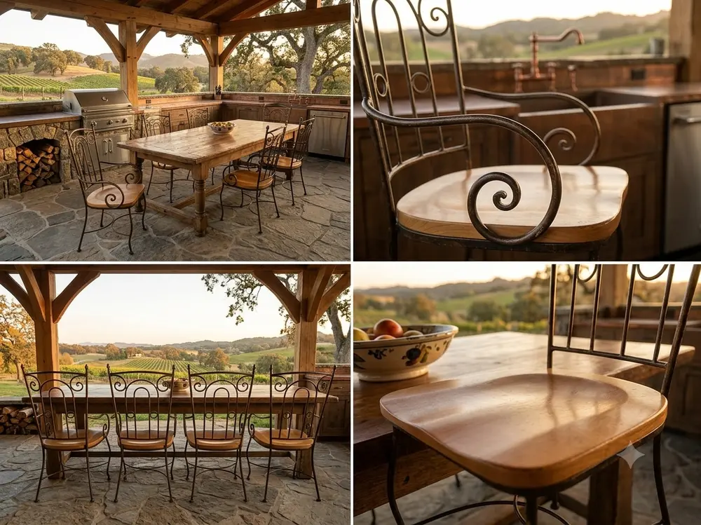 Artisan Wrought Iron Scrollwork Wrought Iron & Cherry Wood Dining Chairs — photo 5