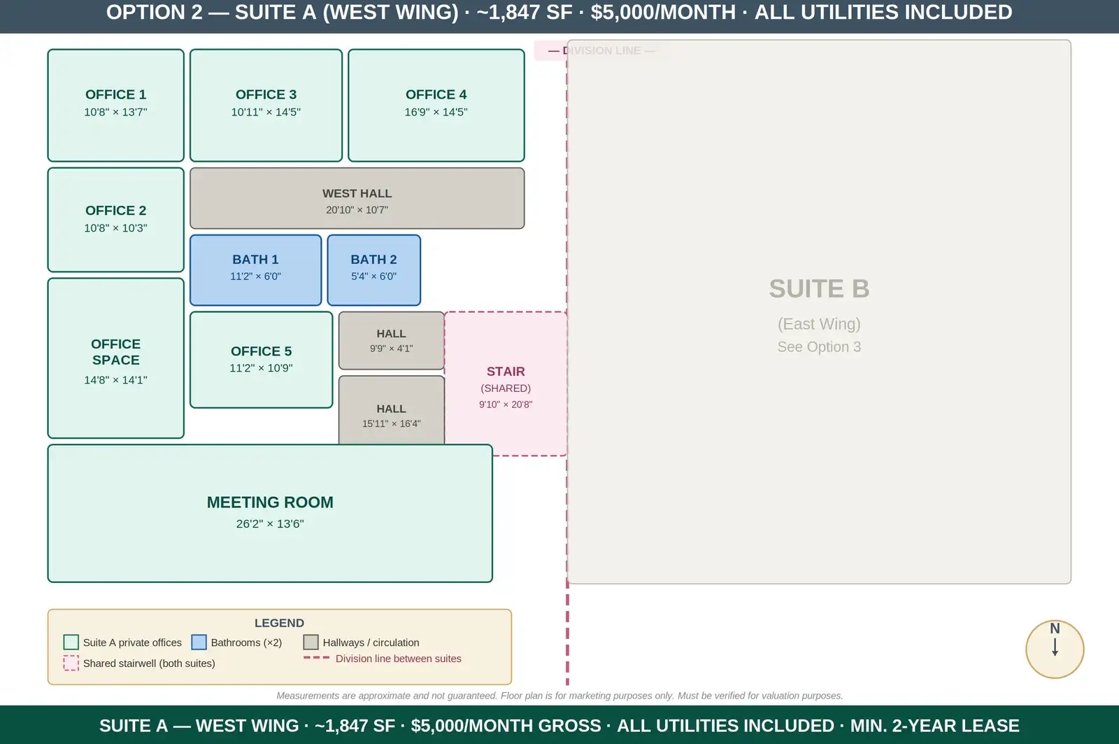 Suite A – West Wing - Executive Office Suite – All Utilities Included | 3,694 SF or Two ~1,847 SF Suites | Harvey, LA