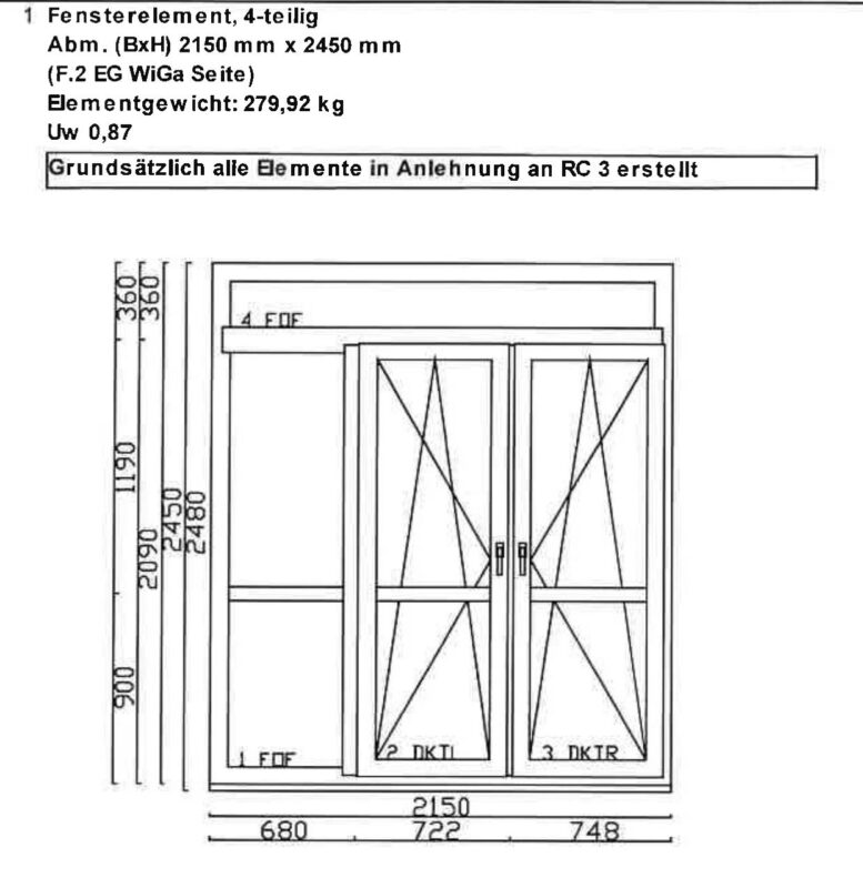 Fensterelement / Tür 4-teilig, 3-fach Verglasung, 2150mm x 2450mm (BxH)