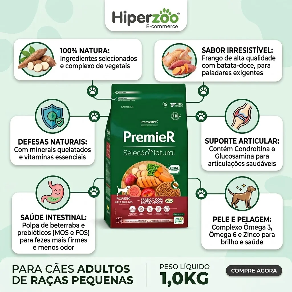 Ração PremieR Seleção Natural Cães Adultos Porte Pequeno Sabor Frango Korin & Batata-Doce 1Kg - imagem 3