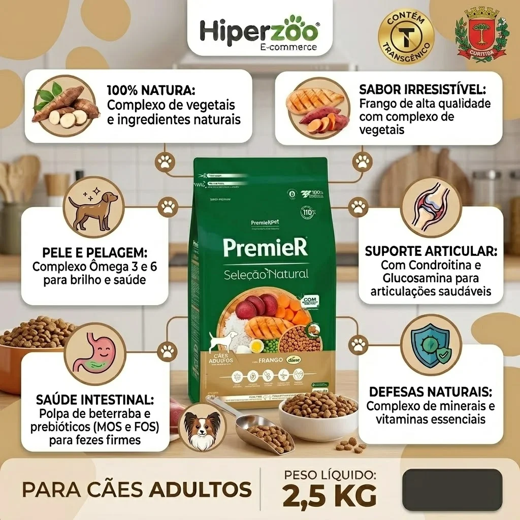 Ração PremieR Seleção Natural Cães Adultos Sabor Frango Korin 2,5Kg - imagem 2