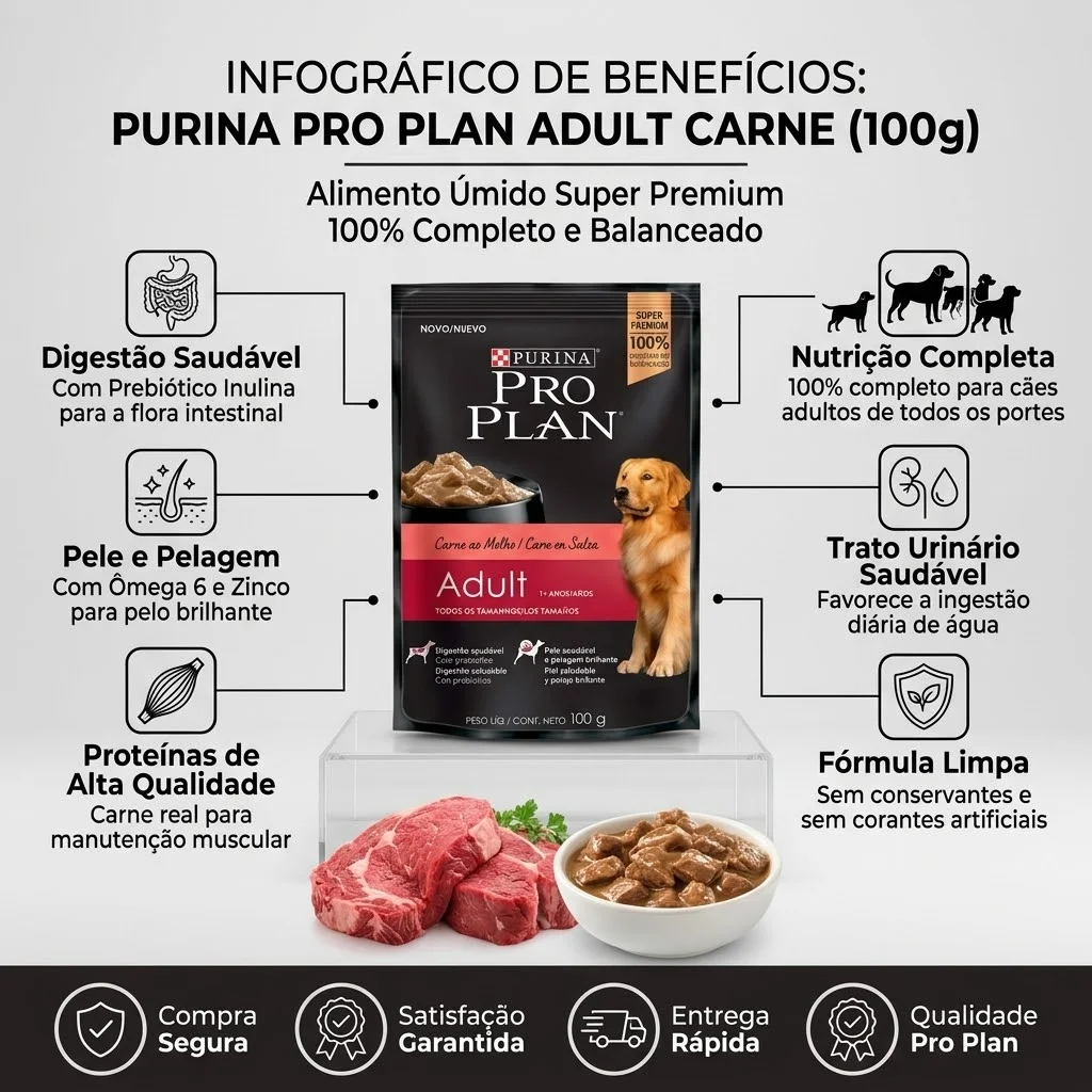 Ração Úmida Purina Pro Plan Cães Adultos Sabor Carne ao molho 100g - imagem 2