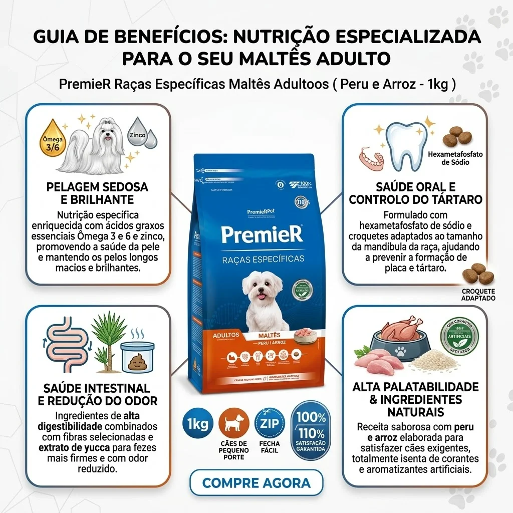 Ração PremieR Raças Específicas Maltês Adultos Porte Pequeno Sabor Peru e Arroz 1Kg - imagem 2