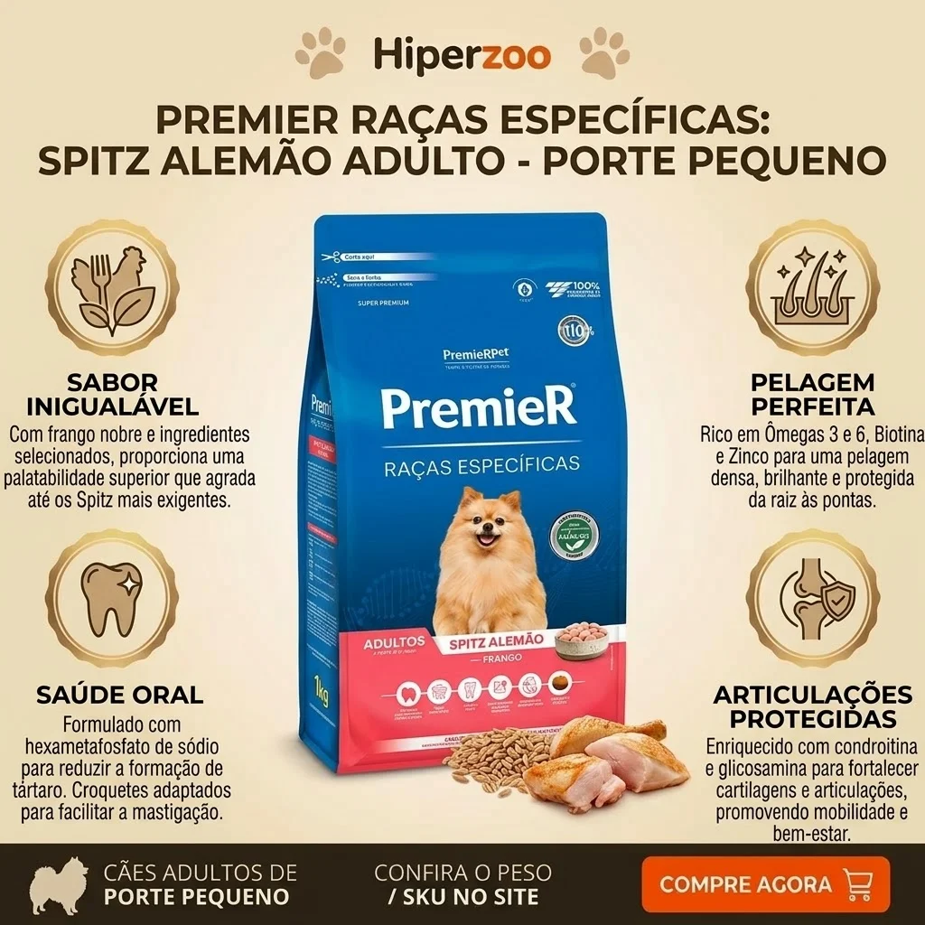 Ração PremieR Raças Específicas Spitz Alemão Adulto Porte Pequeno Sabor Frango 1Kg - imagem 2