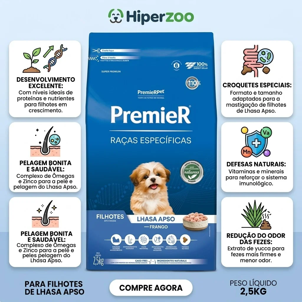 Ração PremieR Raças Específicas Lhasa Apso Filhotes Porte Pequeno Sabor Frango 2,5Kg - imagem 2
