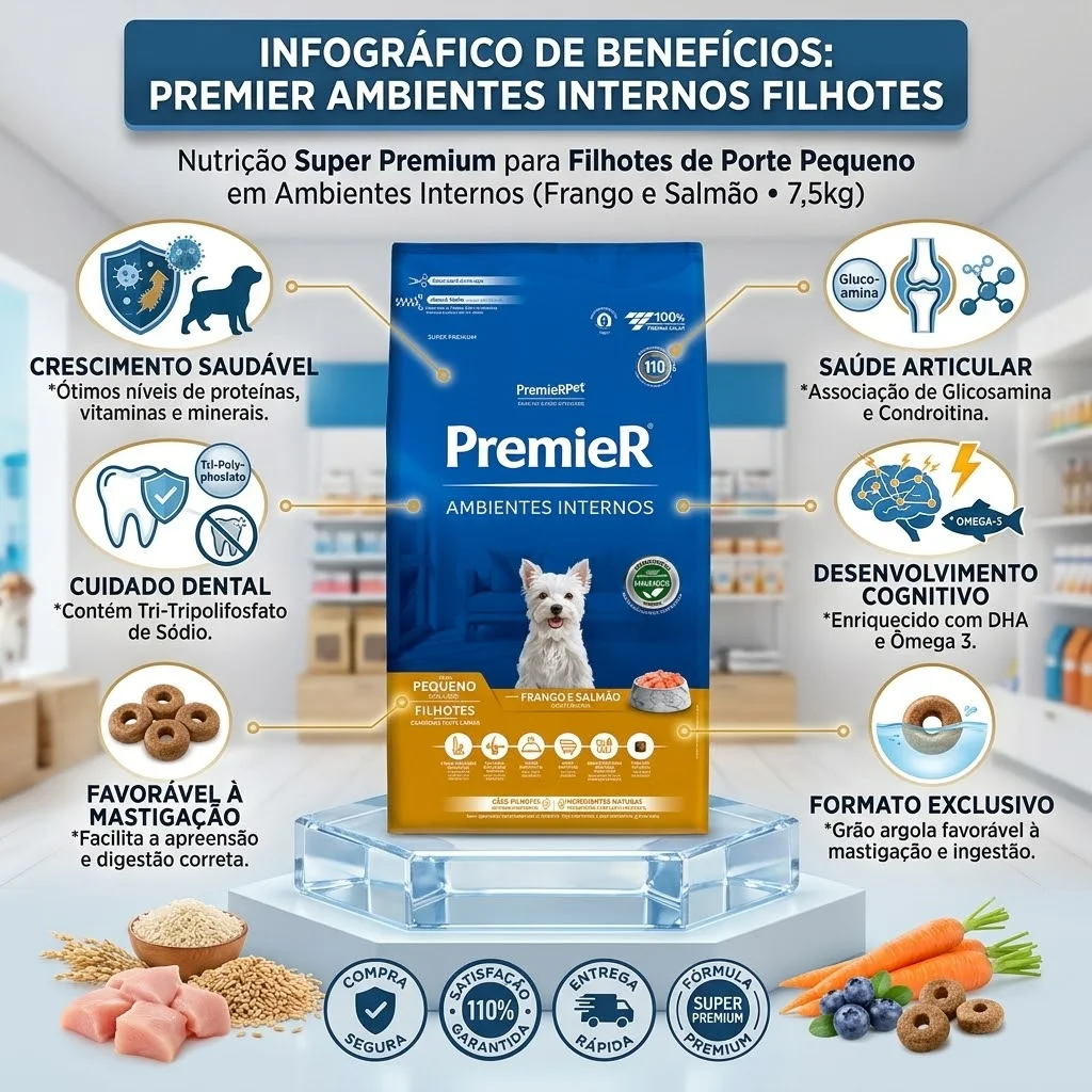 Ração PremieR Ambientes Internos Cães Filhotes Porte Pequeno Sabor Frango e Salmão 7,5Kg - imagem 2
