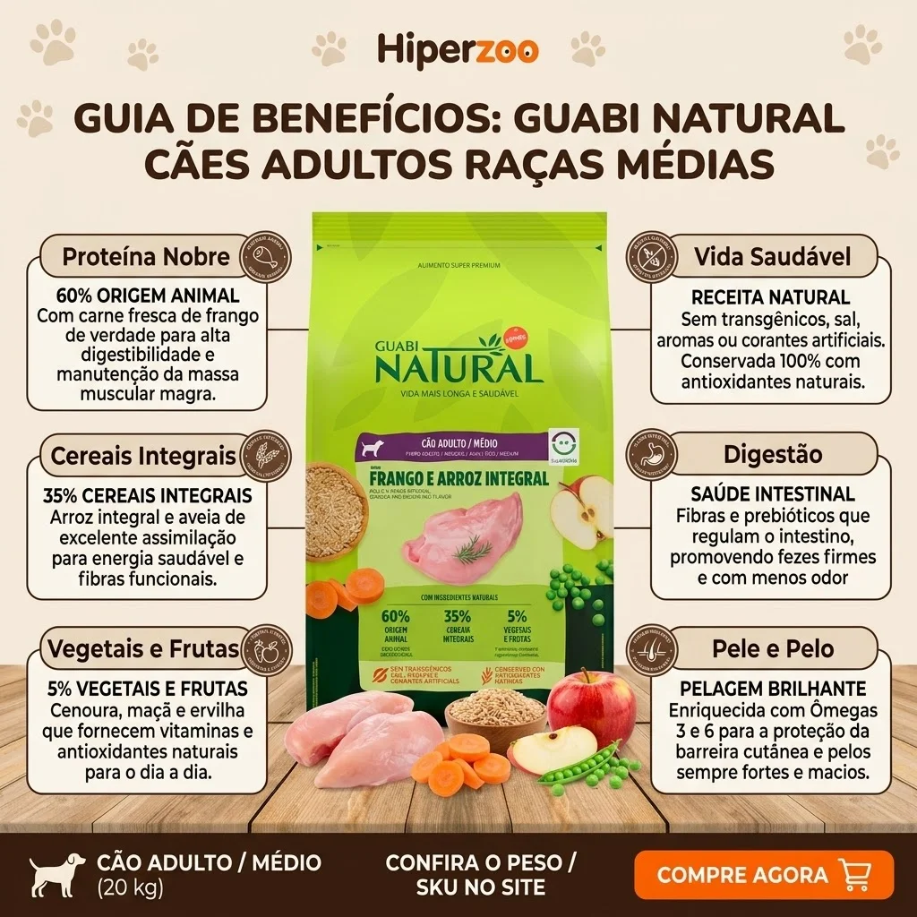Ração Guabi Natural para Cães Adultos Raças Médias Sabor Frango e Arroz Integral  20Kg - imagem 2
