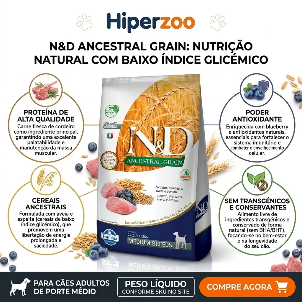 Ração N&D Ancestral Grain para Cães Adultos Raças Médias: Sabor Cordeiro e Blueberry - 10.1Kg - imagem 2