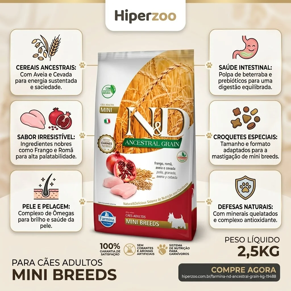 Ração N&D Ancestral Grain para Cães Adultos Raças Pequenas Sabor Frango e Romã 10,1Kg - imagem 2