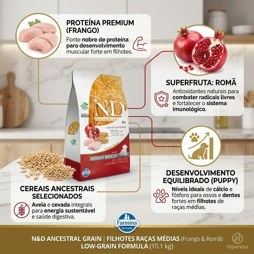 Ração N&D Ancestral Grain para Cães Filhotes Raças Médias: Sabor Frango e Romã - 10.1Kg - imagem 2