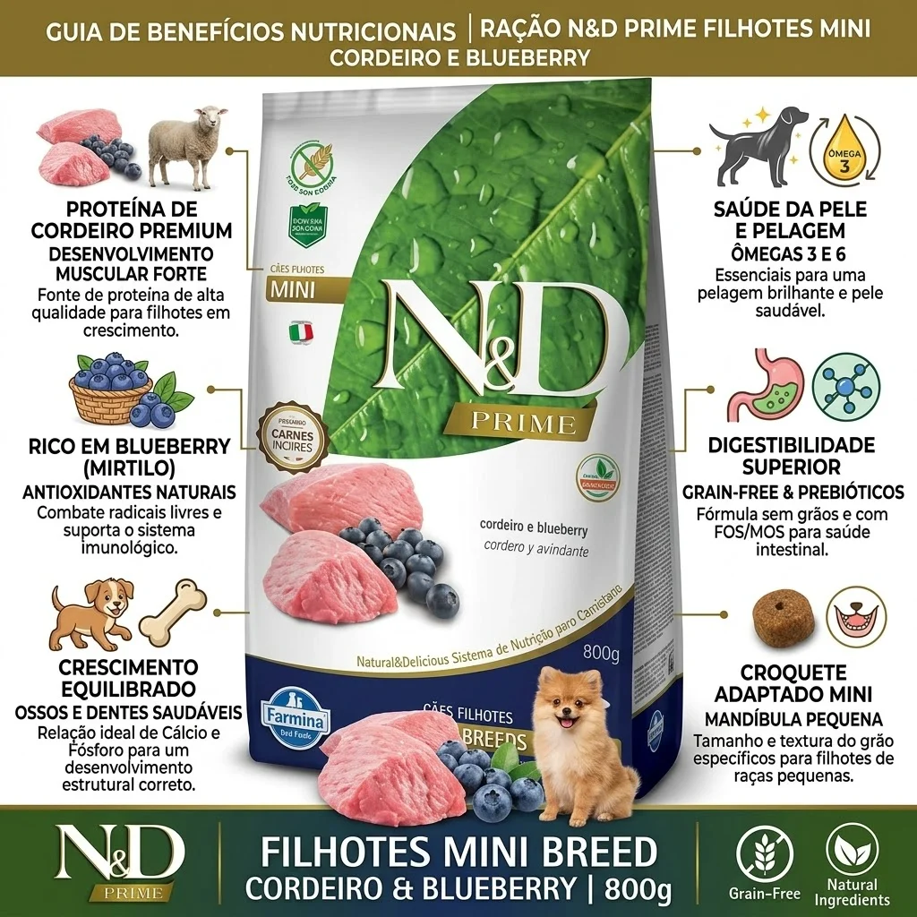 Ração N&D Prime para Cães Filhotes Raças Pequenas Sabor Cordeiro e Blueberry  800g - imagem 2