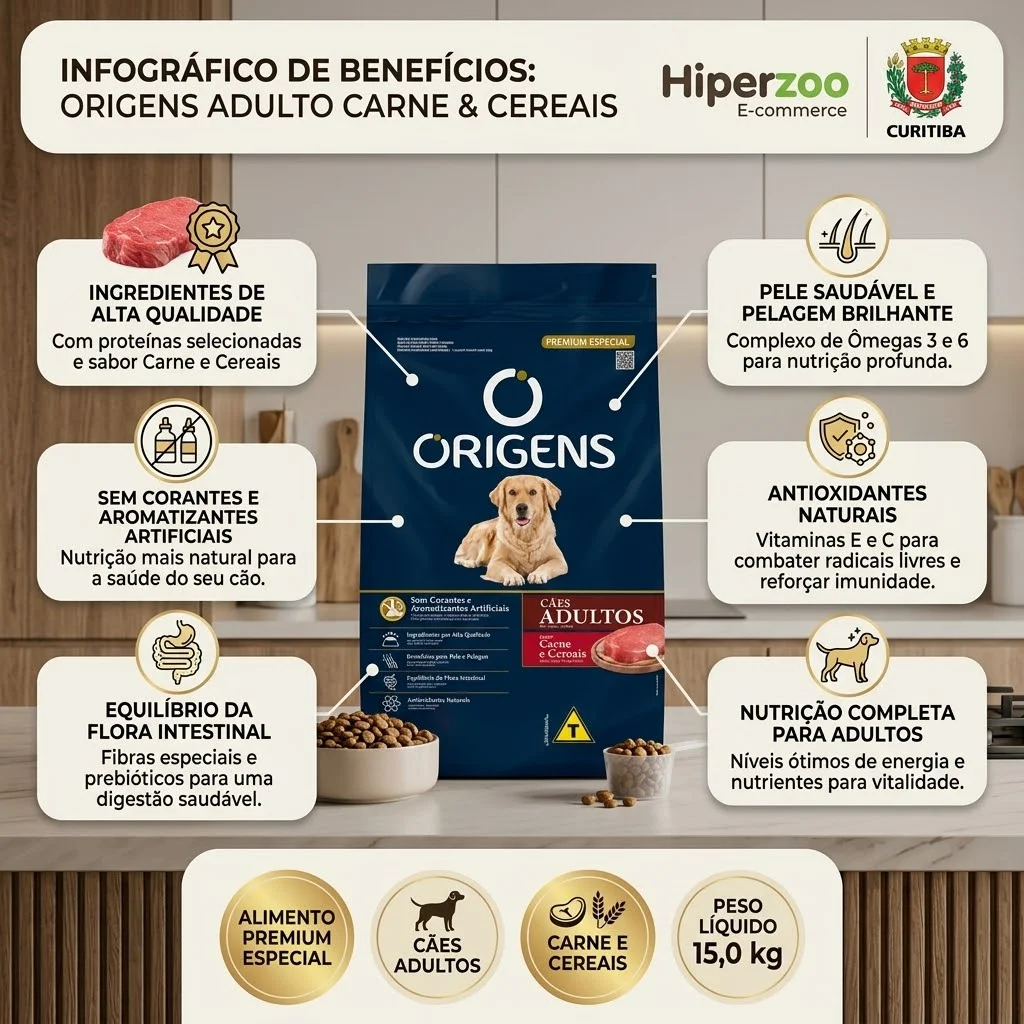 Ração Origens Premium Especial para Cães Adultos Sabor Carne E Cereais 1Kg - imagem 2