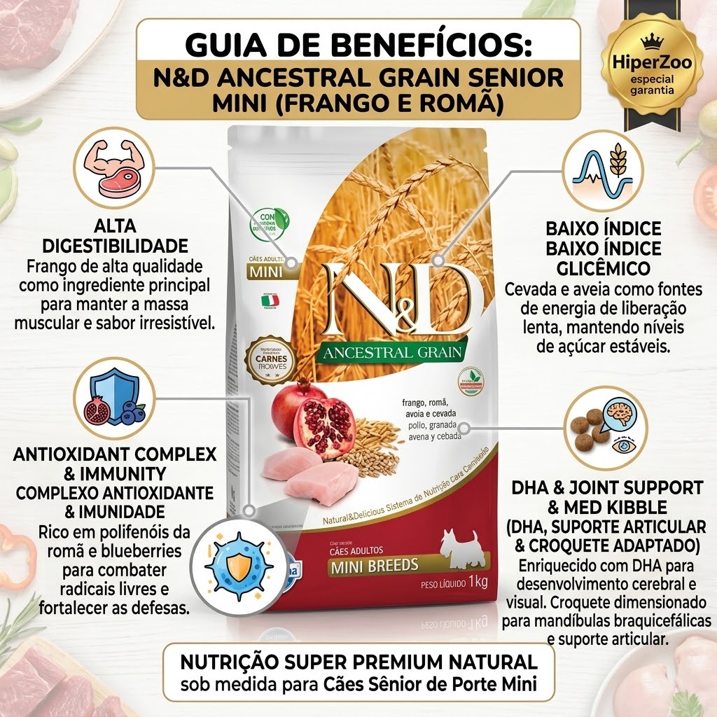 Ração N&D Ancestral Grain para Cães Sêniors Raças Pequenas: Sabor Frango e Romã - 800g - imagem 2