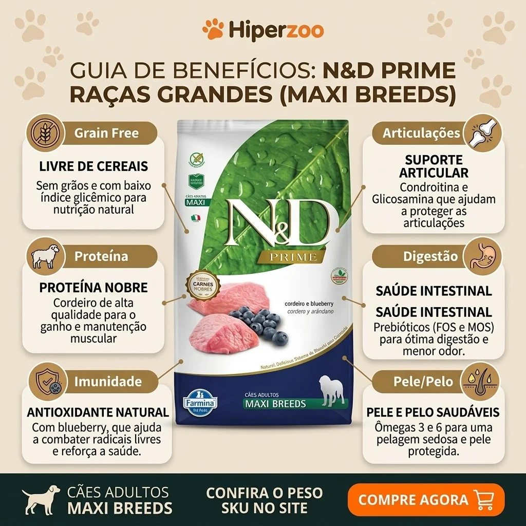 Ração N&D Prime para Cães Adultos Raça Grande: Sabor Cordeiro e Blueberry - 10.1Kg - imagem 2