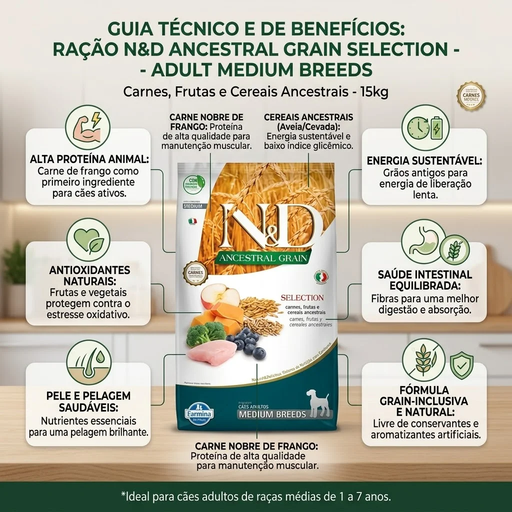 Ração N&D Ancestral Grain Selection para Cães Adultos Raças Médias: Sabor Carnes e Frutas - 15Kg - imagem 2