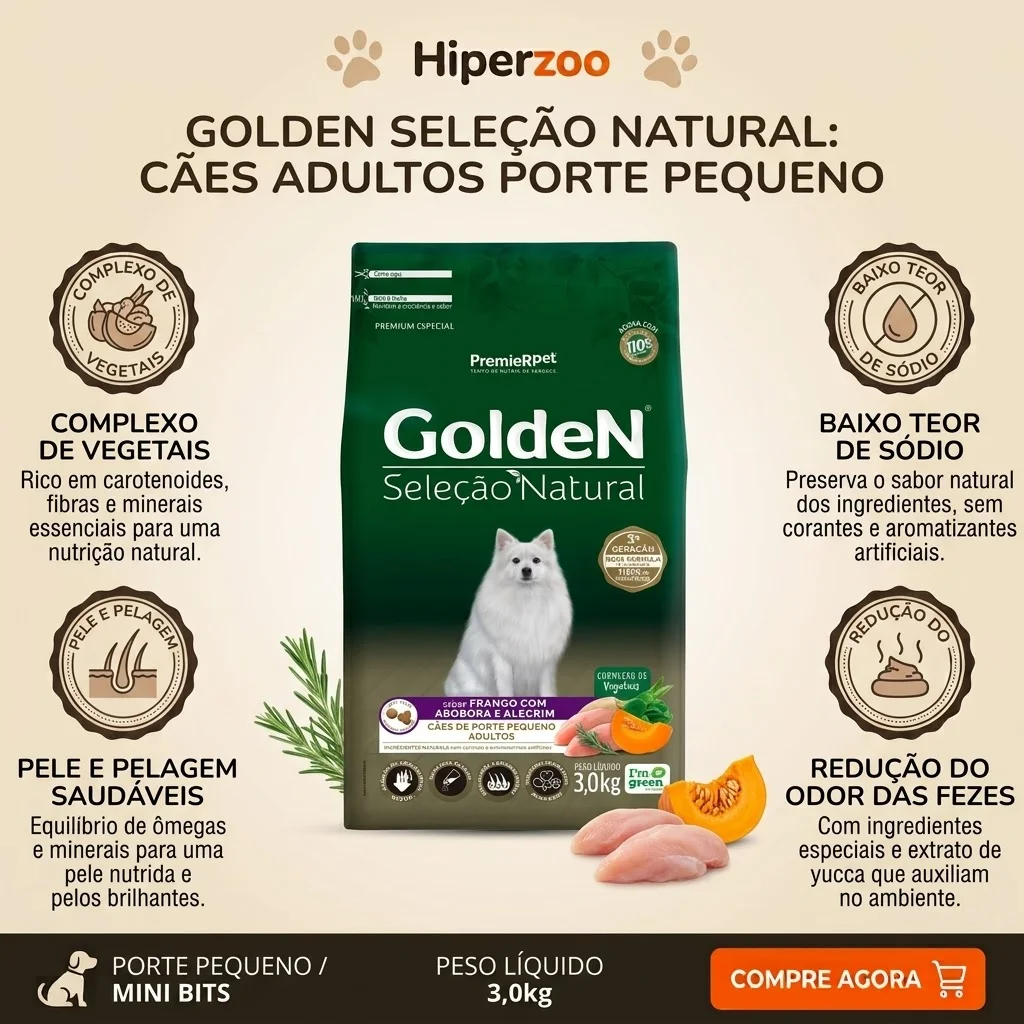 Ração GoldeN Seleção Natural para Cães Adultos Porte Pequeno Sabor Frango, Abóbora e Alecrim 3Kg - imagem 2