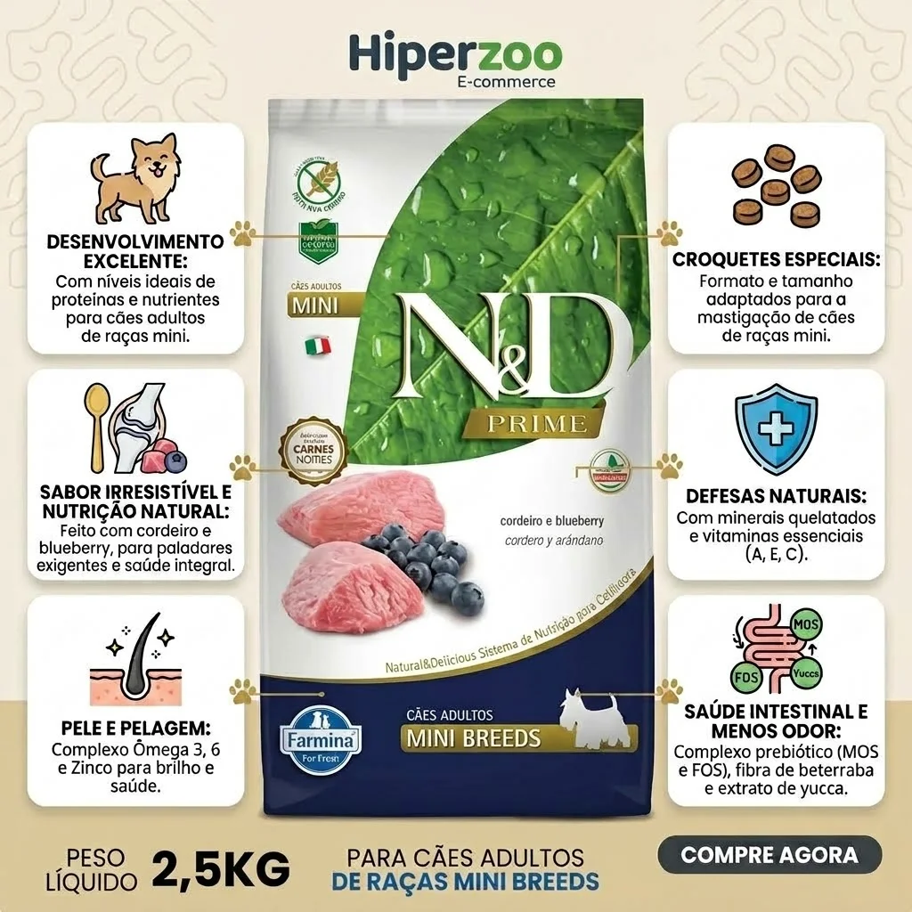 Ração N&D Prime para Cães Adultos Raças Pequenas: Sabor Cordeiro e Blueberry - 2.5Kg - imagem 2