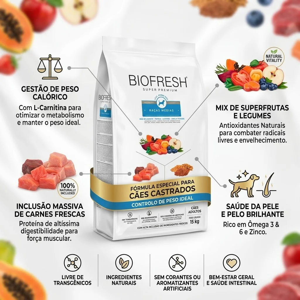 Ração Seca Biofresh Mix de Carne, Frutas, Legumes e Ervas Frescas Cães Castrados de Raças Médias 10,1Kg - imagem 2