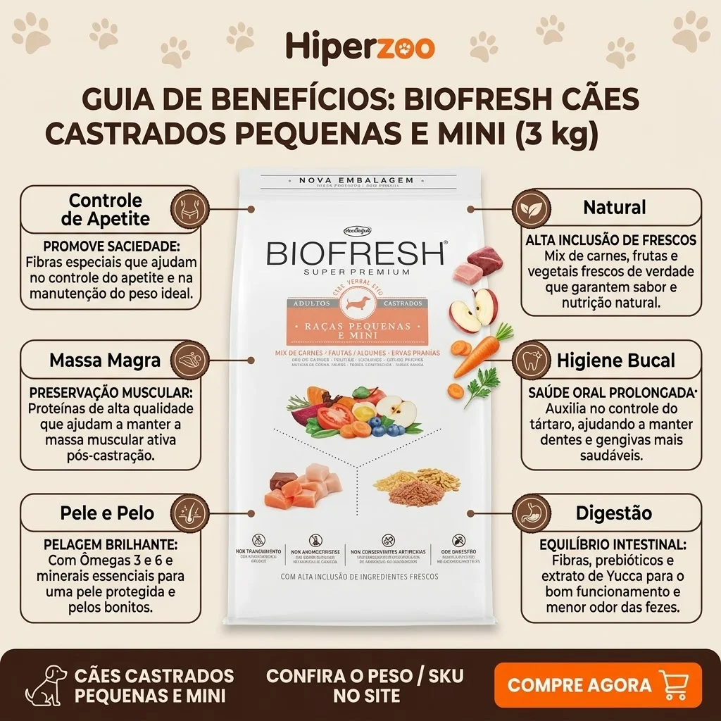 Ração Biofresh para Cães Castrados Raças Pequenas: Sabor Mix de Carne, Frutas, Legumes e Ervas Frescas - 03Kg - imagem 2