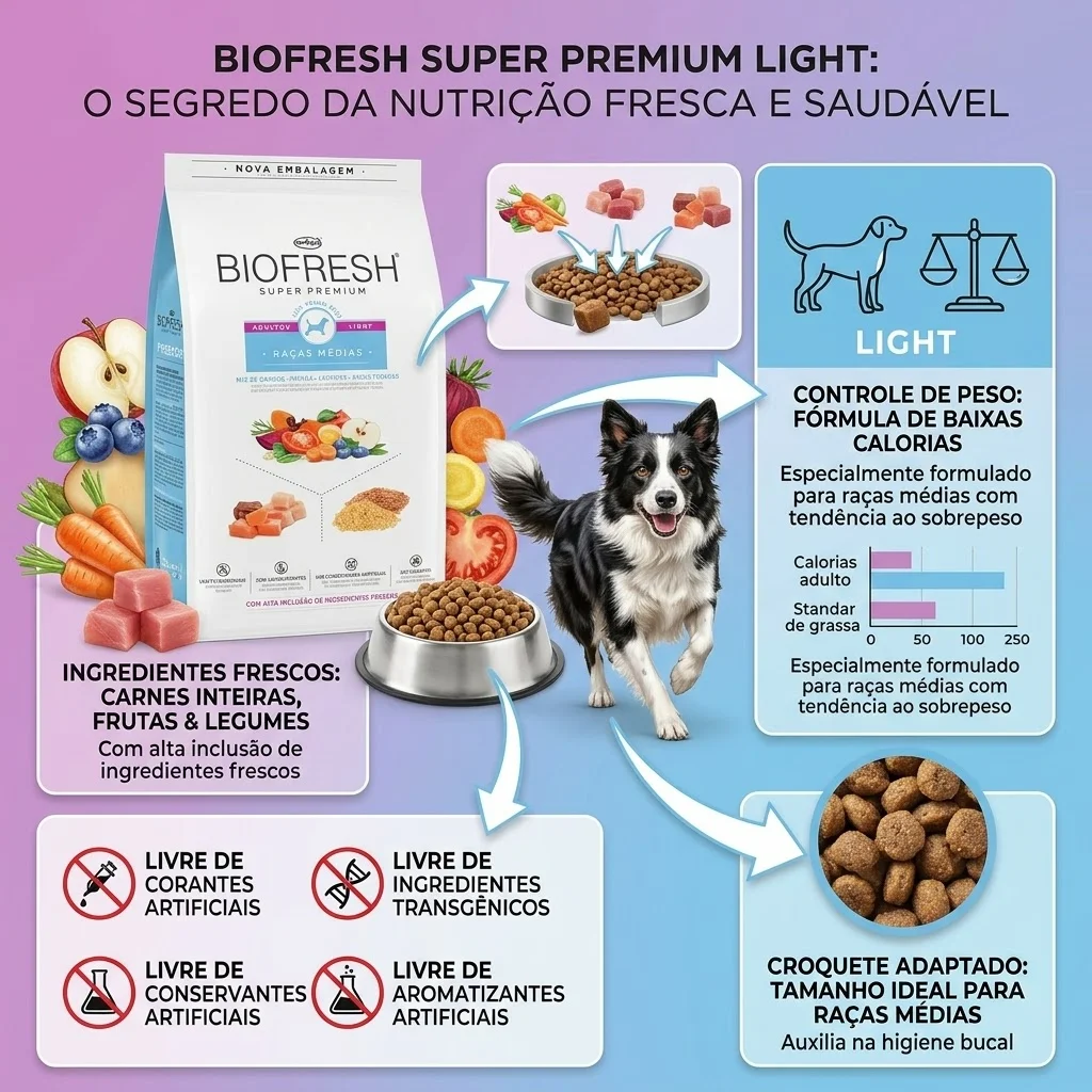 Ração Biofresh Light para Cães Adultos Raças Médias: Sabor Mix de Carne, Frutas, Legumes e Ervas Frescas - 10.1Kg - imagem 2