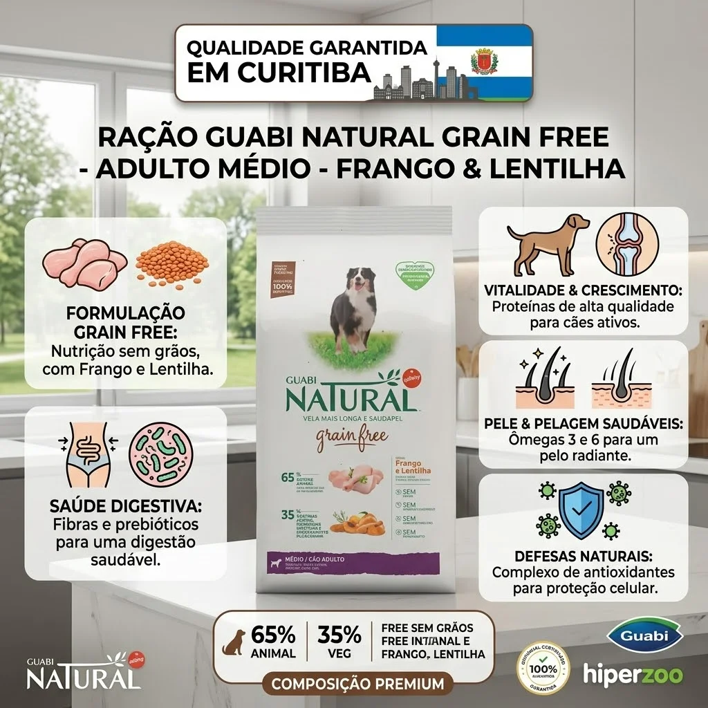 Ração Guabi Natural Grain Free para Cães Adultos Raças Médias Sabor Frango e Lentilha 2,5Kg - imagem 2