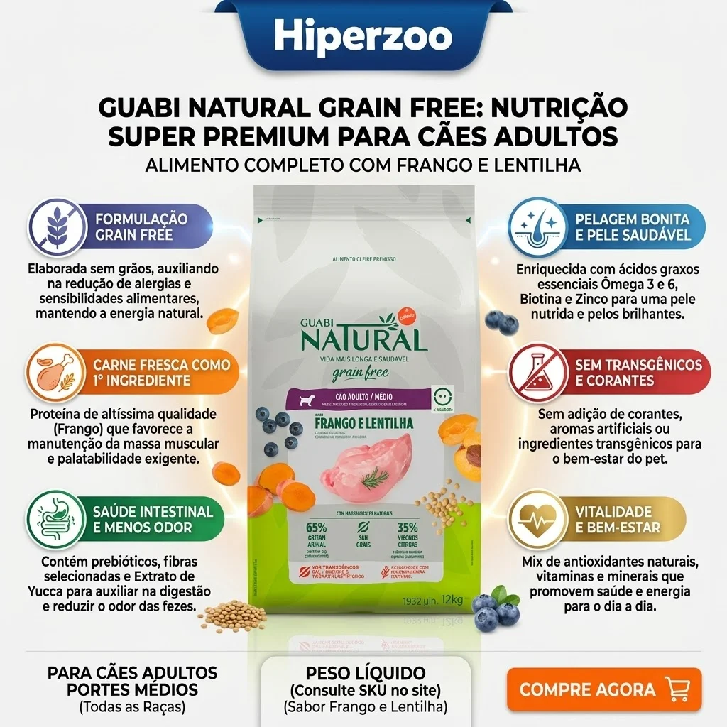 Ração Guabi Natural GrainFree para Cães Adultos Raças Médias Sabor Frango e Lentilha  12Kg - imagem 2