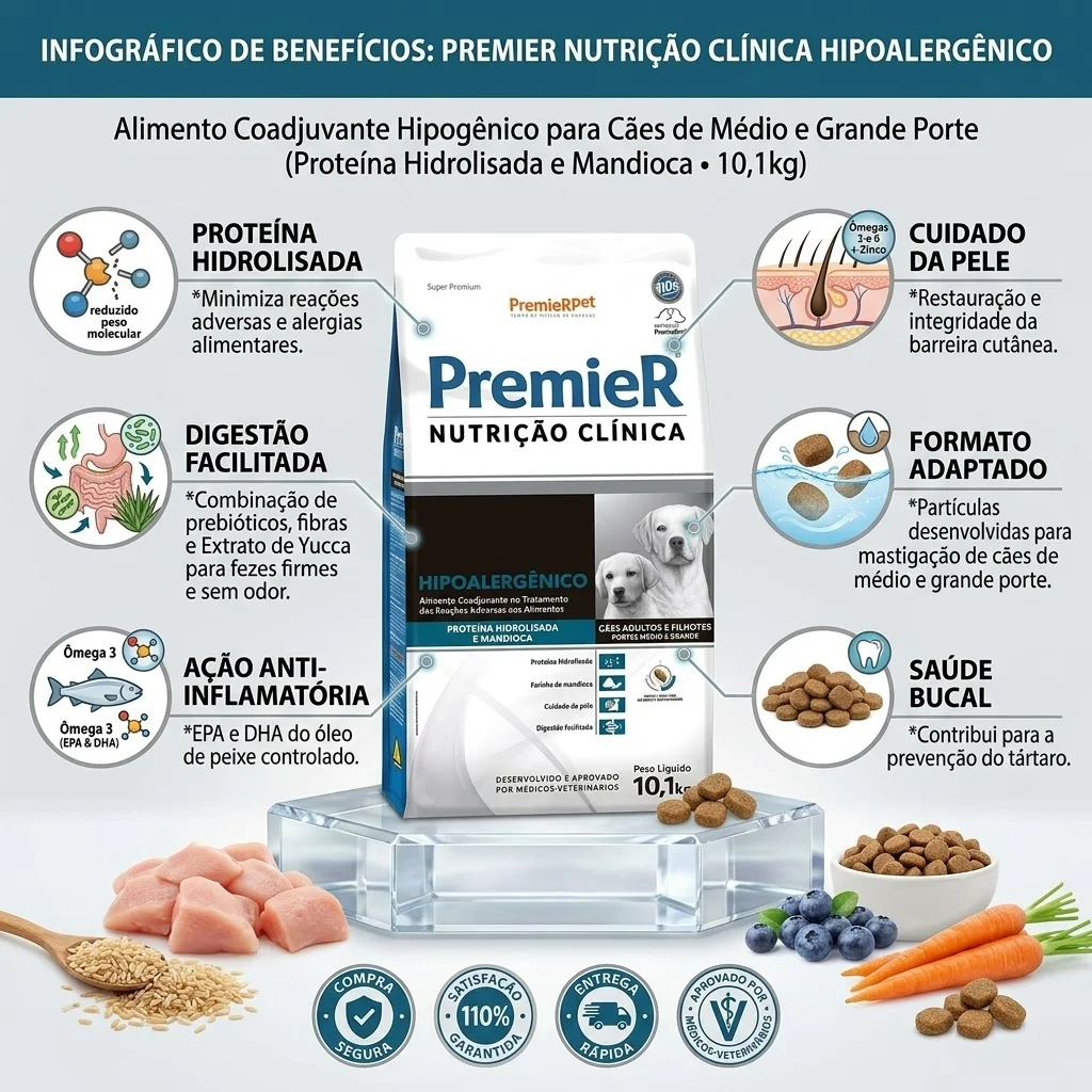 Ração PremieR Nutrição Clínica Cães Adultos & Filhotes Porte Médio & Grande Proteína Hidrolisada & Mandioca Hipoalergênico 10,1Kg - imagem 2