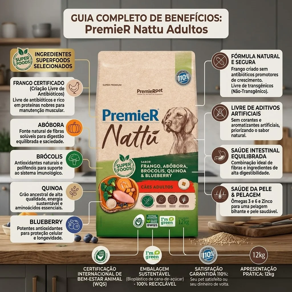 Ração PremieR Nattu para Cães Adultos Sabor Frango, Abóbora, Brócolis, Quinoa & Blueberry 12Kg - imagem 2