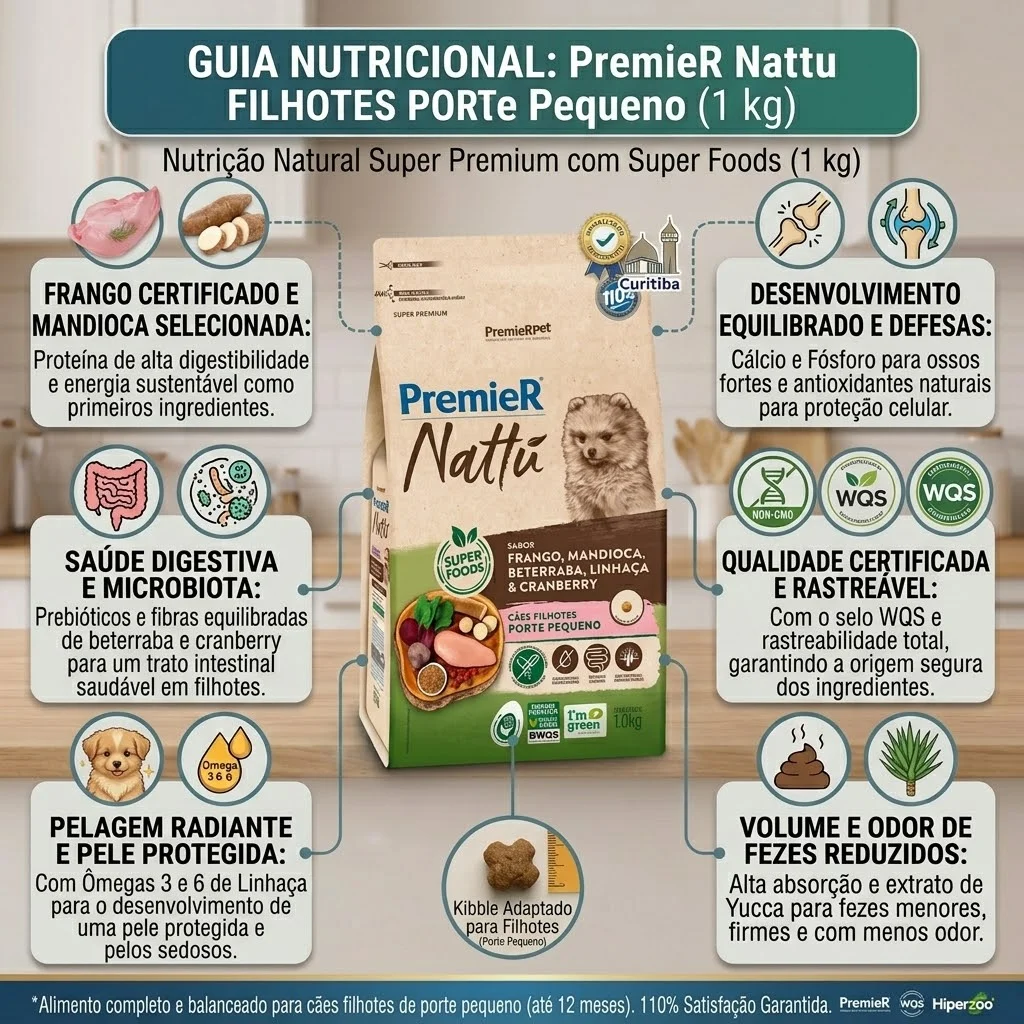 Ração PremieR Nattu Cães Filhotes Porte Pequeno Frango, Mandioca, Beterraba, Linhaça & Cranberry 1Kg - imagem 2