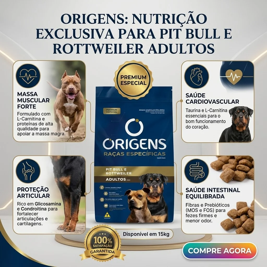 Ração Origens Premium Especial Raças Específicas para Cães Adultos Pit Bull E Rottweiler 15Kg - imagem 2