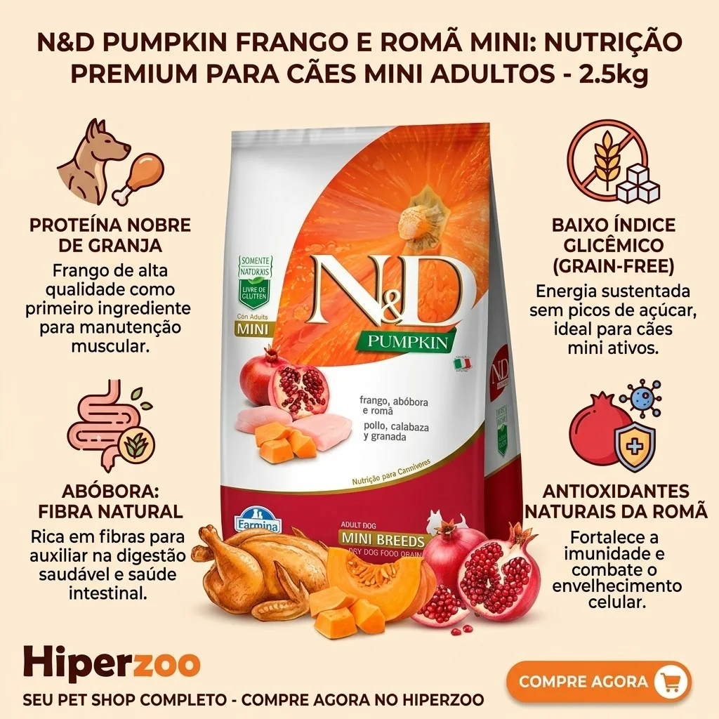 Ração N&D Pumpkin para Cães Adultos Raças Pequenas: Sabor Frango e Romã - 2.5Kg - imagem 2
