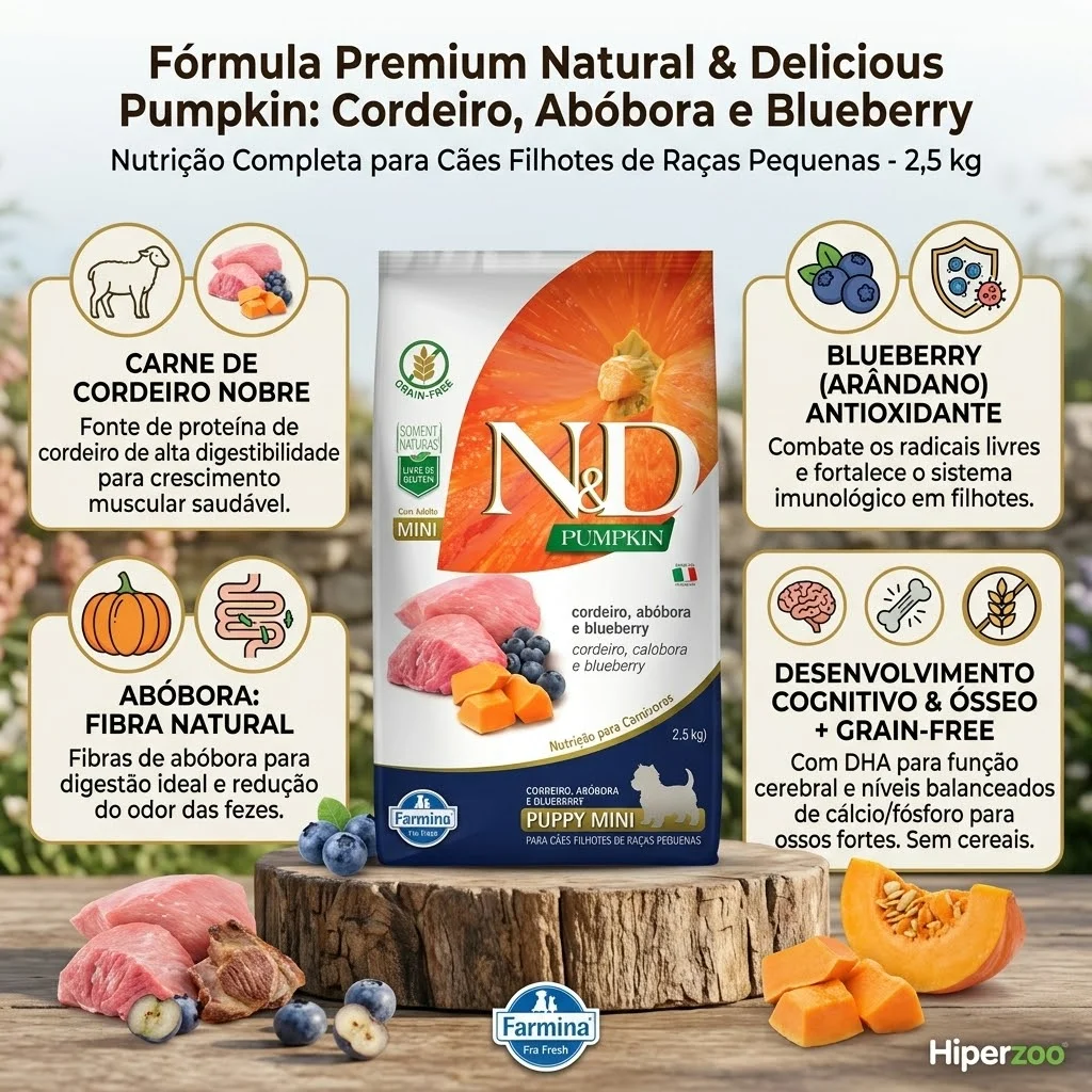 Ração N&D Pumpkin para Cães Adultos Raças Mini: Sabor Cordeiro e Bluberry - 2.5Kg - imagem 2