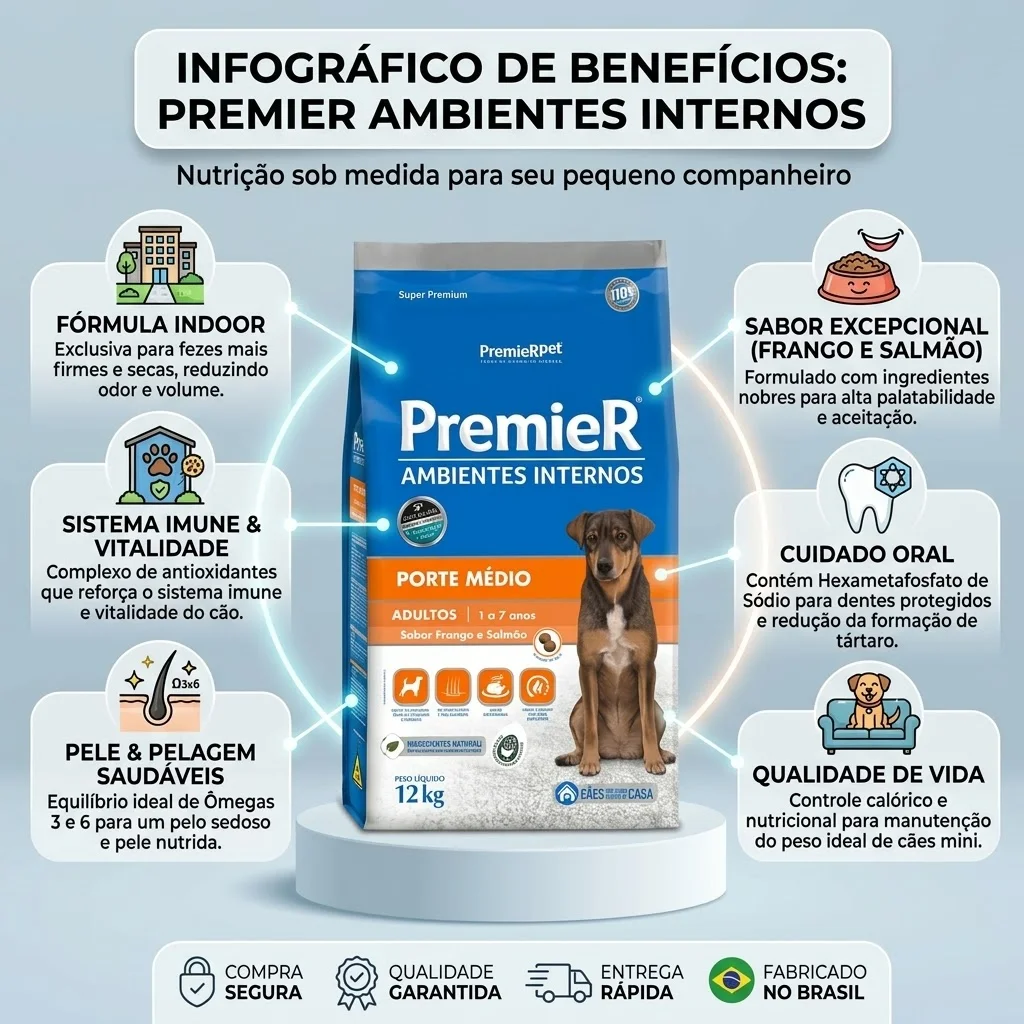 Ração Premier Ambientes Internos para Cães Adultos de Médio Porte Sabor Frango e Salmão 12Kg - imagem 2