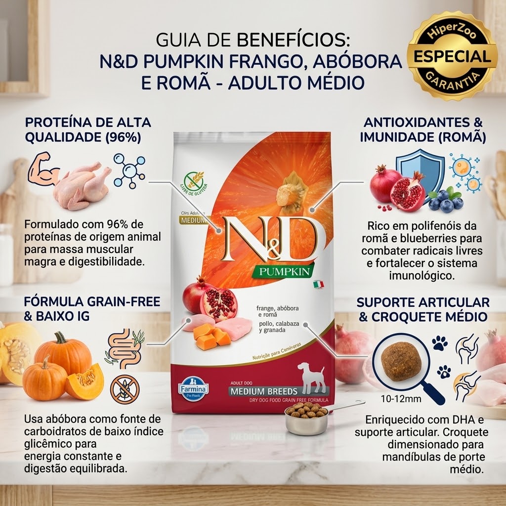 Ração N&D Pumpkin para Cães Adultos Raças Média sabor Frango, Abóbora e Romã 2,5Kg - imagem 2