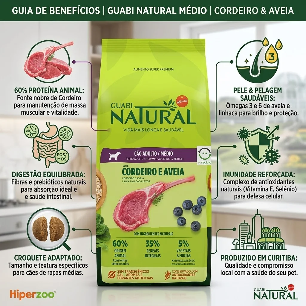 Ração Guabi Natural para Cães Adultos Raças Médias Sabor Cordeiro e Aveia  12Kg - imagem 2