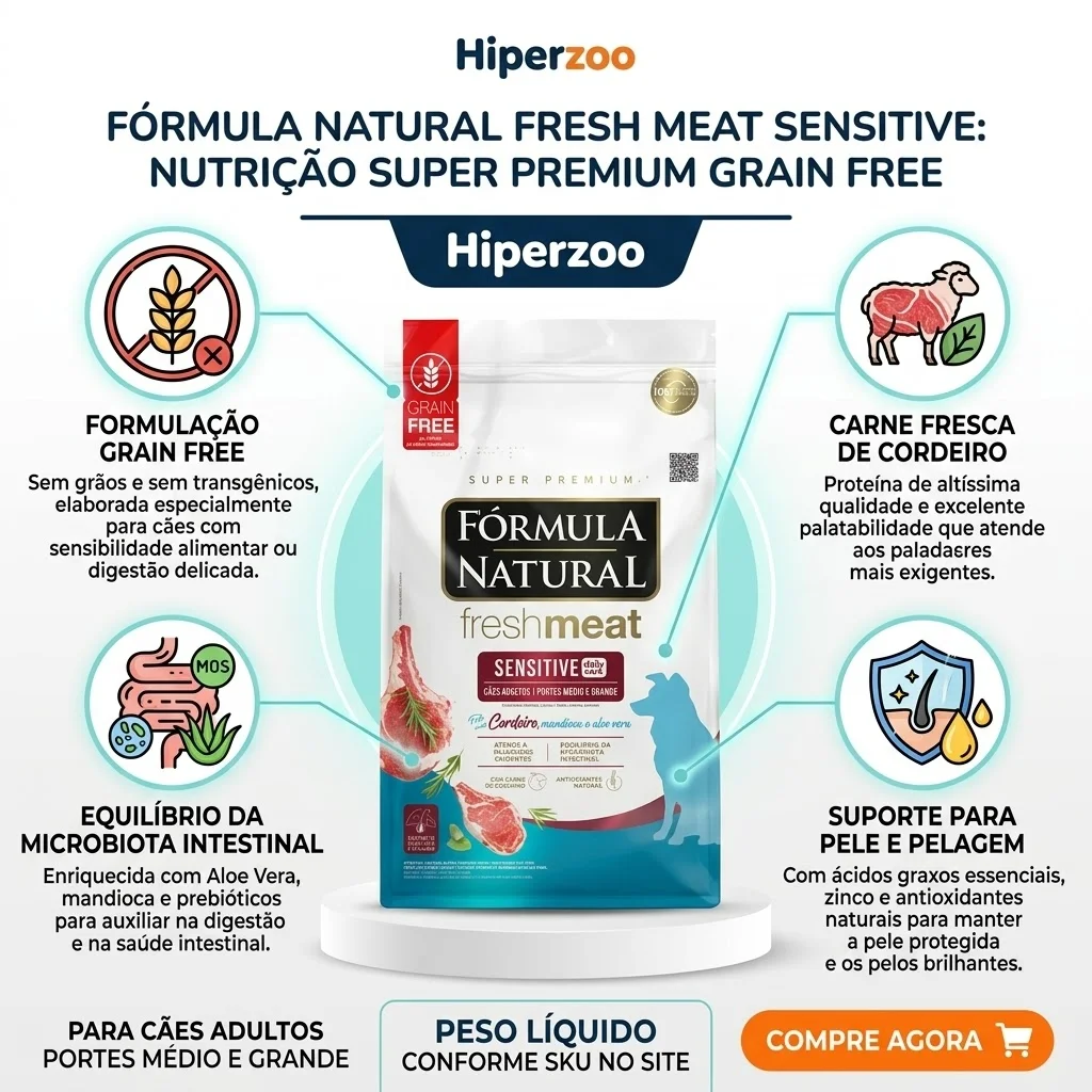 Ração Fórmula Natural Super Premium Fresh Meat Sensitive Cães Adultos Portes Médio e Grande Cordeiro, Mandioca e Aloe Vera 12Kg - imagem 2